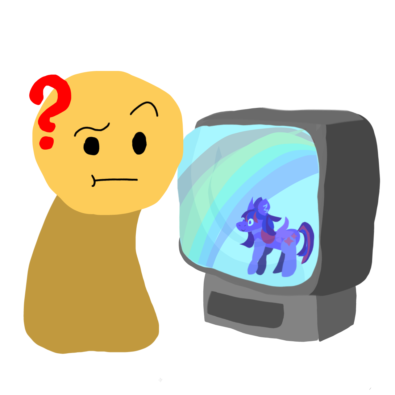 a simple cartoon-style illustration. On the left, a yellow humanoid figure with a puzzled expression is depicted. It has black dot eyes, a furrowed eyebrow, and a red question mark hovering above its head, emphasizing confusion. On the right, an old-style CRT television displays a colorful image of a purple cartoon pony with blue and pink accents, standing in front of a vibrant rainbow background.